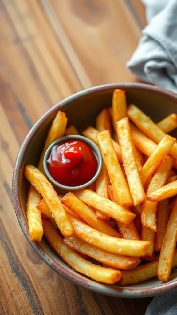 Crispy Air Fryer French Fries Recipe Crispy air fryer French fries served with ketchup on a rustic table.